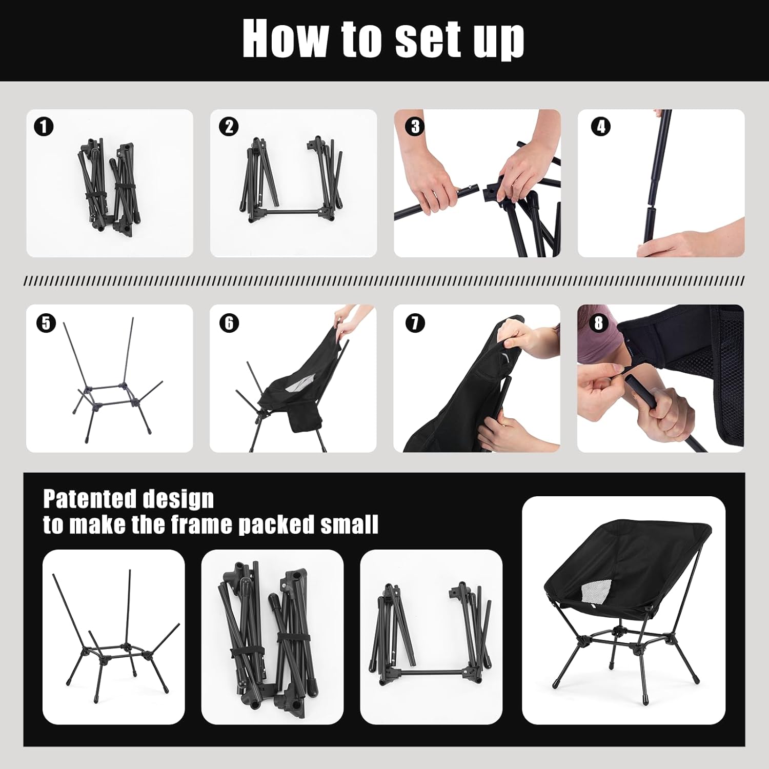 Ultralight Folding Camping Chair, 2-in-1 Height Adjustable, Square Frame for Stability, Quick Setup for Hiking Beach Fishing Motorcycle Travel