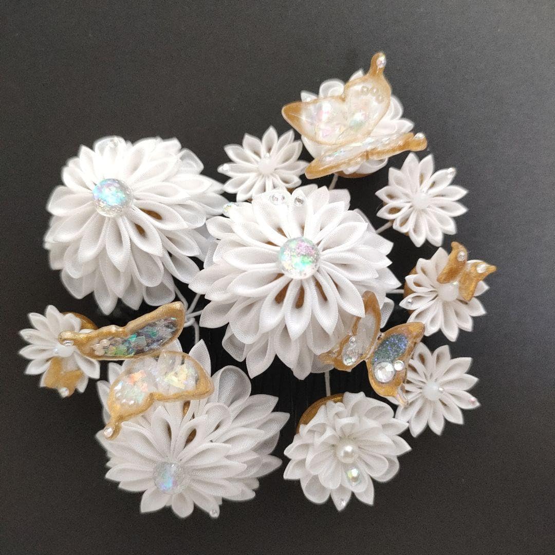 成人式 髪飾り つまみ細工 レジン ホワイト ゴールド NO.1
