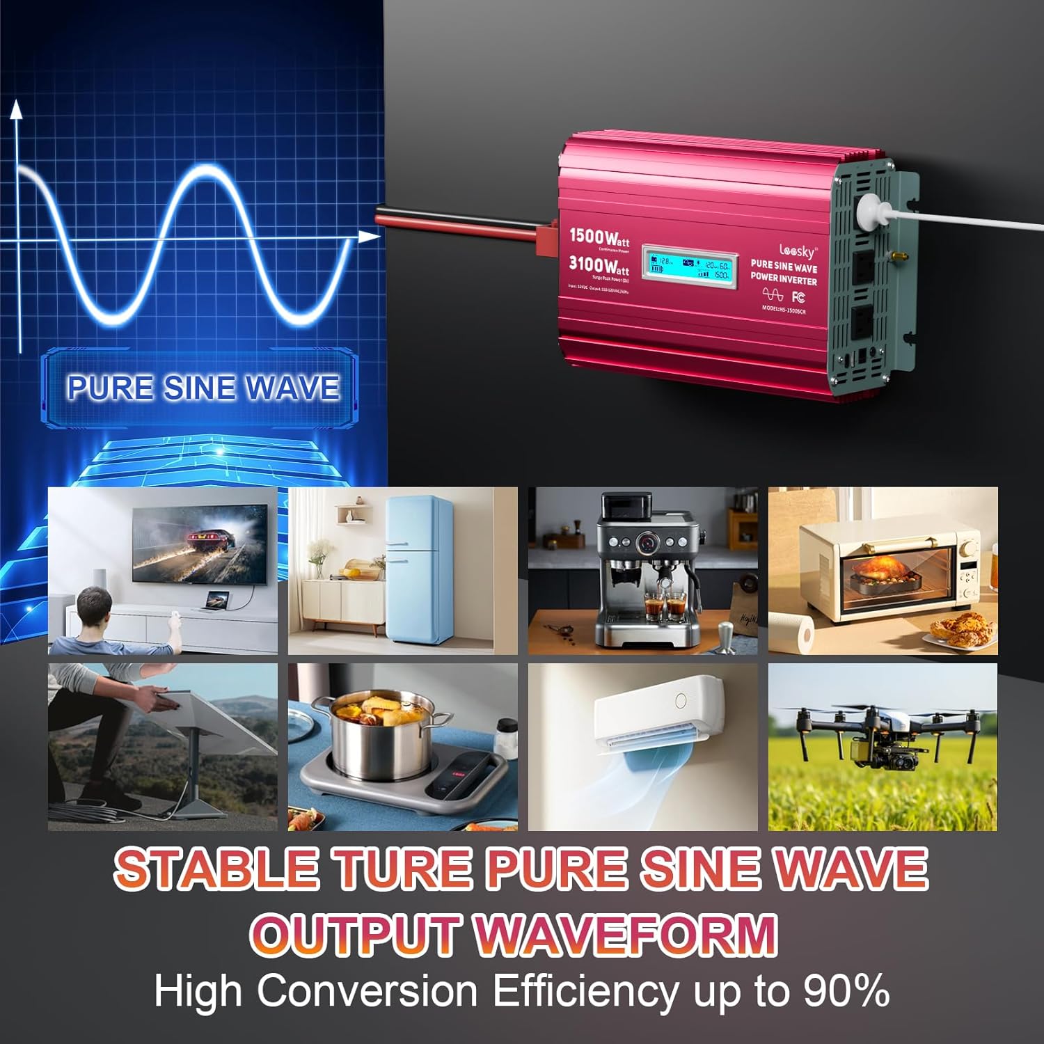 Pure Sine Wave output waveform and various appliances powered by the inverter