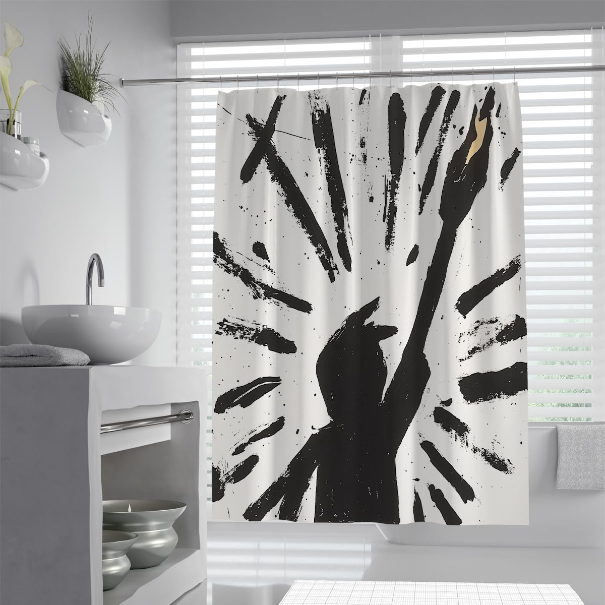 OLLIAR Home Black and White Shower Curtains Brush Strokes Graffiti Oil Painting Modern Art Abstract Bathroom Curtain Waterproof Fabric Washable with Hooks 150x180cm
