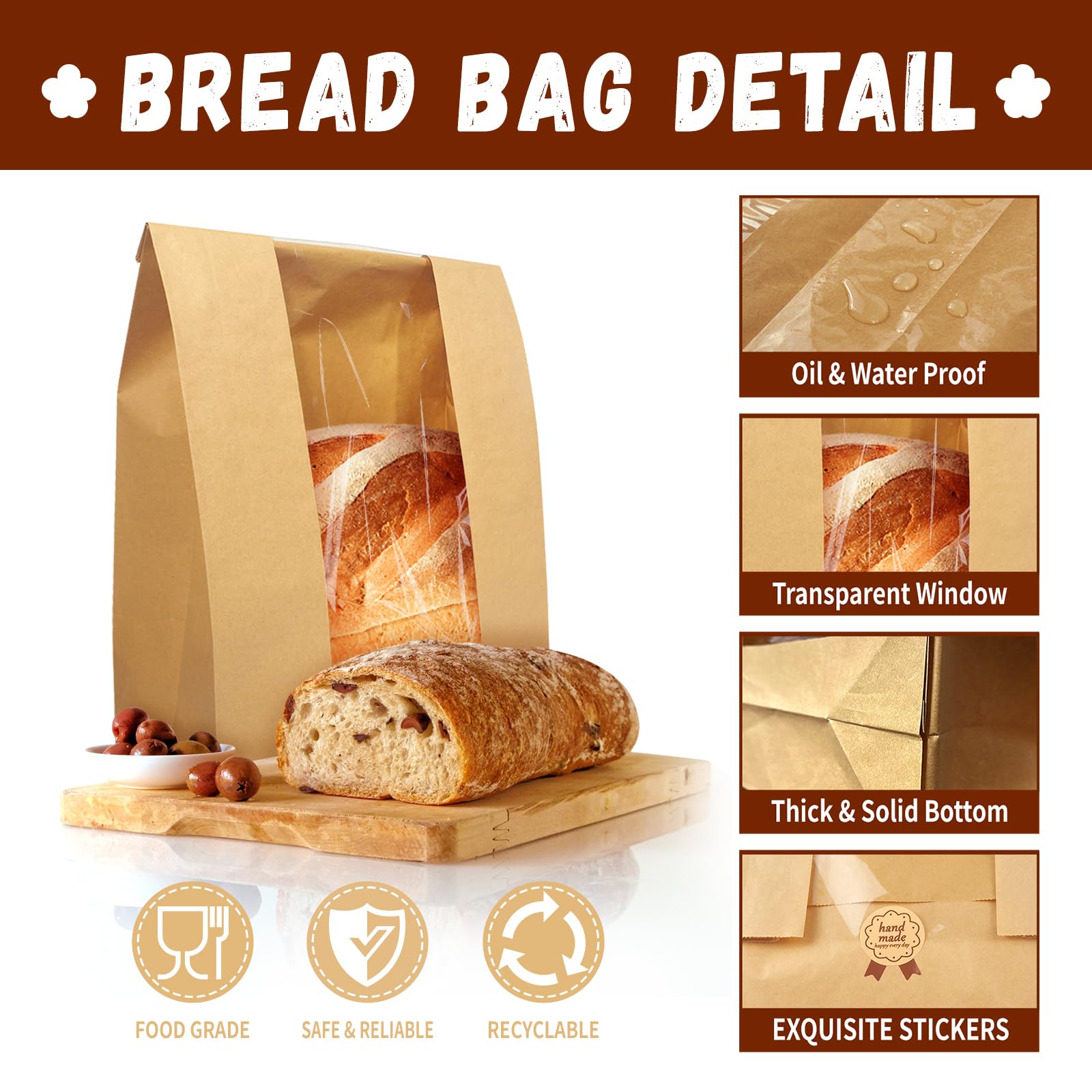 Paquete de 30 bolsas de pan grandes para pan casero de masa madre, bolsas de panadería de almacenamiento de papel kraft con ventana transparente, 50 calcomanías de sellado para sándwich de 3