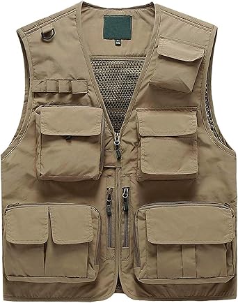 Pishon Mens Outdoor Work Safari Fishing Vest Quick Dry Casual Lightweight Travel Photo Cargo Vest with Multi Pockets, Khaki, XX-Large