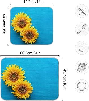 Absorbent Dish Drying Mat for Kitchen Counter - Blue Sunflower Country Style Microfiber Drying Pad, Reversible Drainer Mats for Countertop, Medium 16 x 18 inch