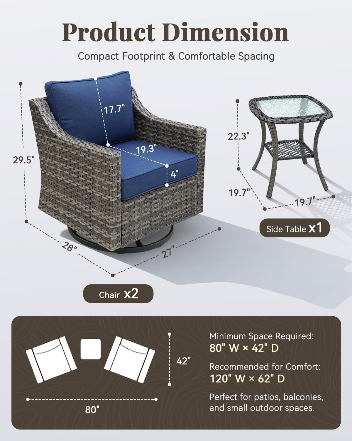 Patio Furniture Set 3 Pieces Luxury Outdoor Bistro with Swivel Rocker Chairs and Side Table, Easy Assembly Conversation Set for Porch Deck Balcony Yard in Gray Wicker and Blue Cushions