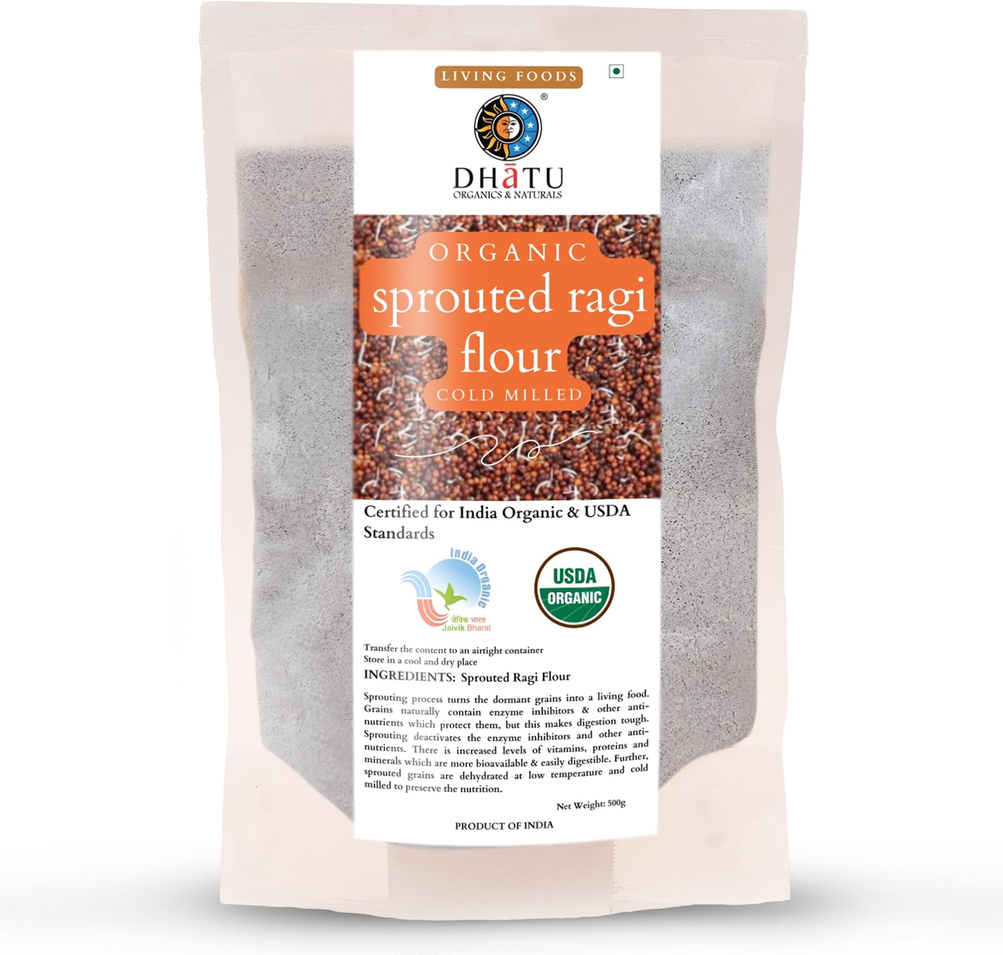 By Rootz Organics Sprouted Ragi Flour 500g, Nachni Atta Finger Millet Flour Sprouted & Cold Milled | Gluten-Free High Fiber Healthy Ragi Powder for Rotis, Dosas & Baking