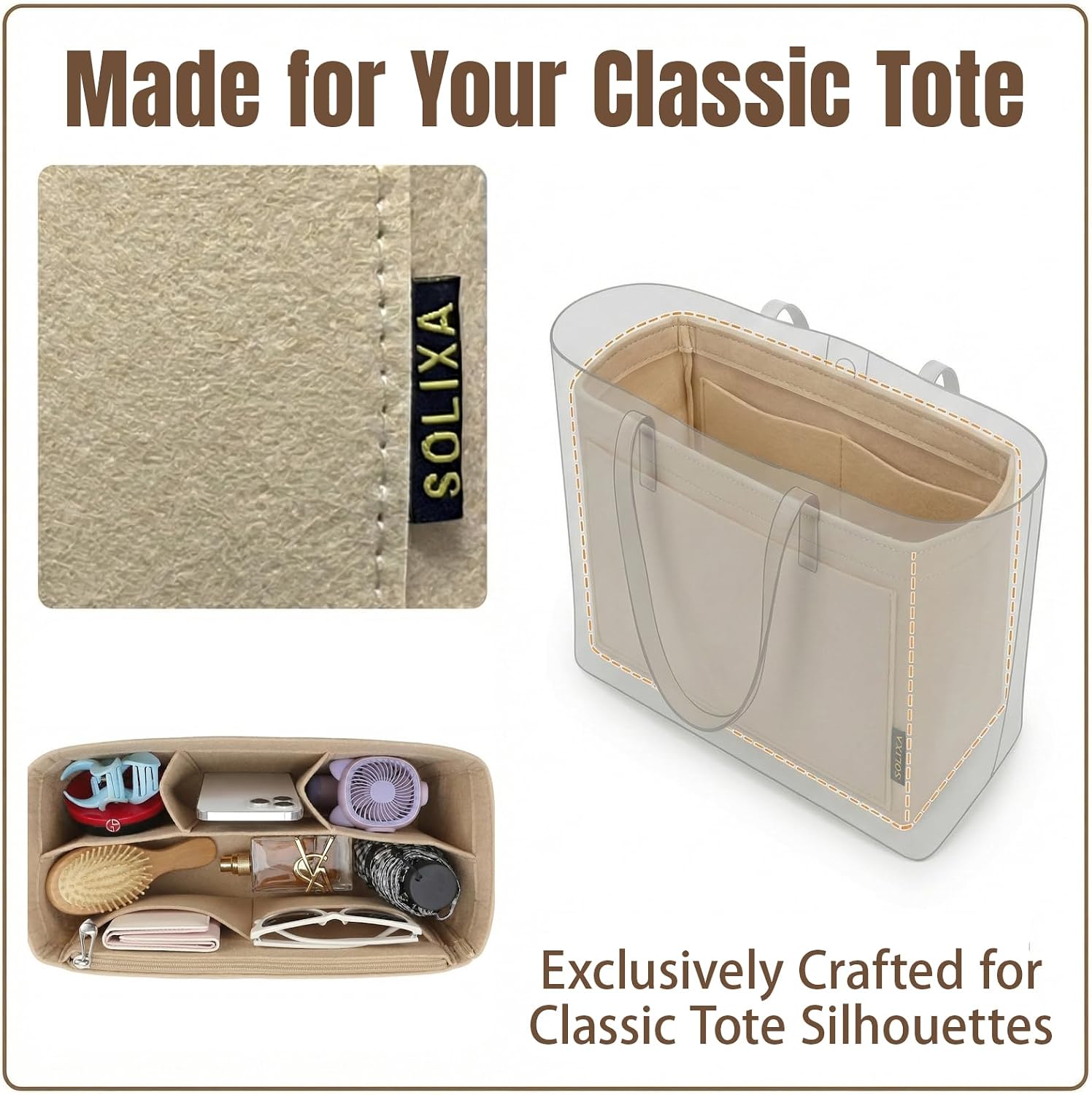 Felt Purse Organizer Insert for Tote Bags, Bag Insert for Handbags fit Neverfull MM, bag charm for tote bags,Compatible with Most Totes & Designer Bags, Medium Beige