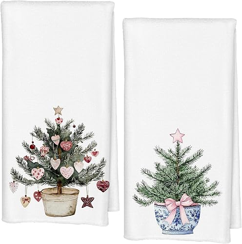 Miniatura 20 de Paños de Cocina Florales Bohemios de Reno Navideño, Toallas de Mano Decorativas Navideñas Florales Retro Groovy de los 70s Rosa y Verde para Reno