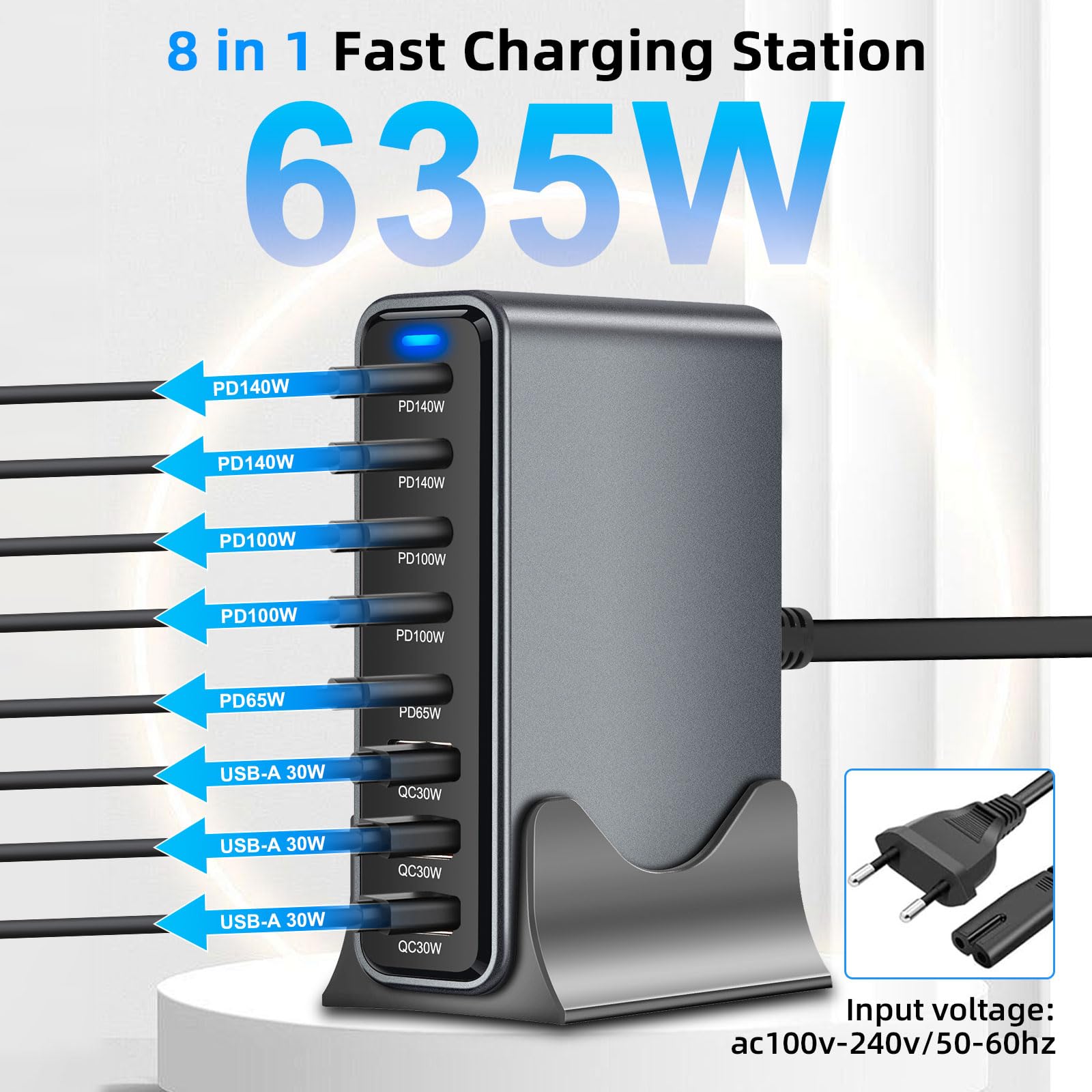 ARCELI USB C Chargor 635W 8-Port, GAN III Charging Station, USB c Charger with 5 x USB-C PD + 3 x USB-A QC4.0, Fast Charger for Phone 16/15/14 Pro MAX, Samsung Galaxy, MacBook, Pad, Laptop