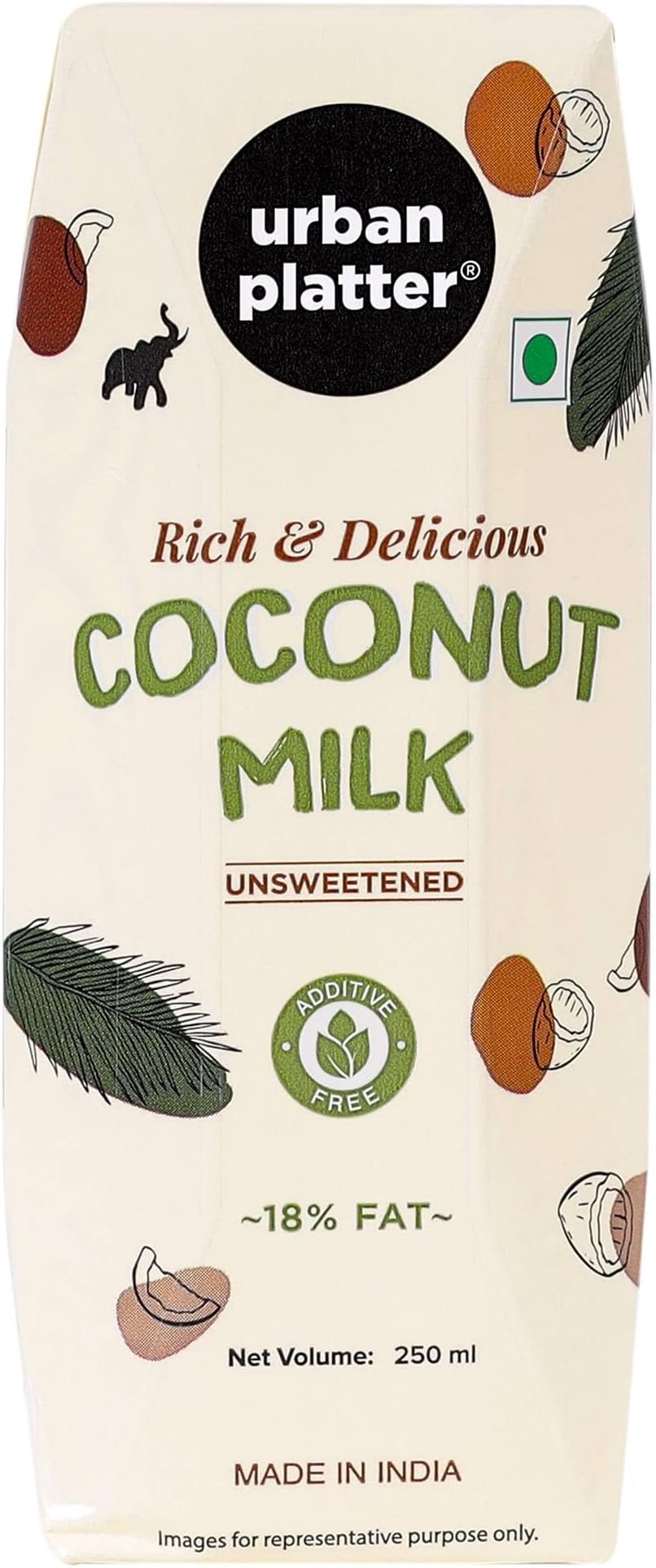 Unsweetened Coconut Milk, 250ml [18% Fat, Additive-free, Made in India, 100% Pure, Clean label]