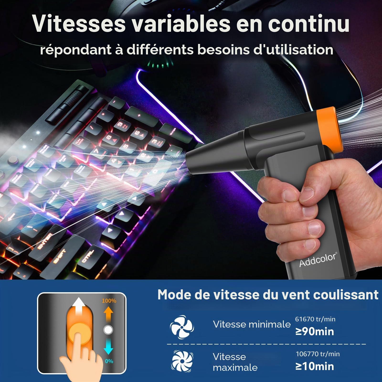 AD51 Plumeau à air comprimé 2000 mAh avec 8 vitesses réglables, 106770 tr/min avec écran – Souffleurs portables pour clavier, ordinateur, voiture, extérieur, lit gonflable