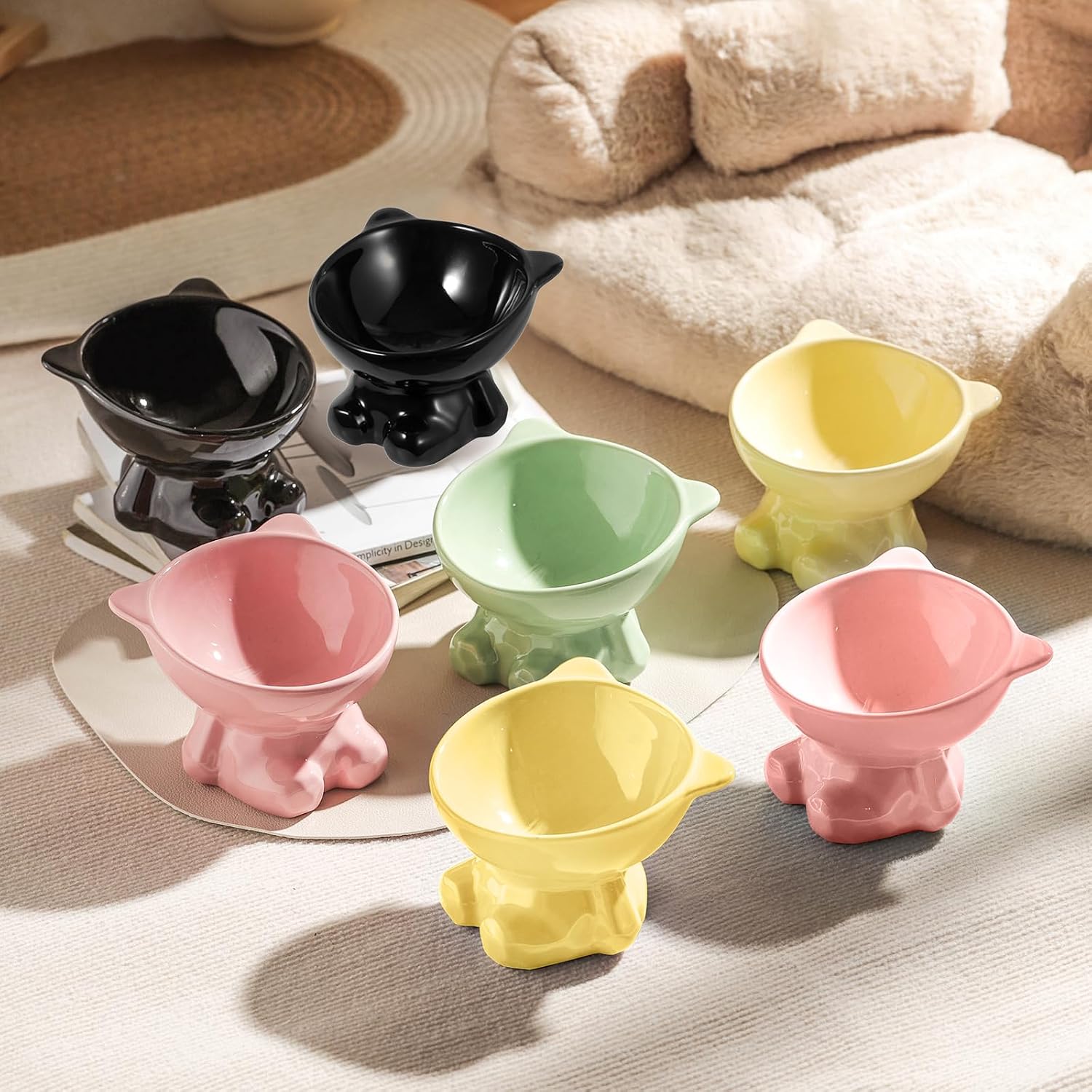 Cute Elevated Cat Bowls 1Pack Ceramic Raised for Indoor Cats and Small Dogs Food Bowls 3.54 Inch Height, reducing pet’s Neck Bending and Pressure(Black)