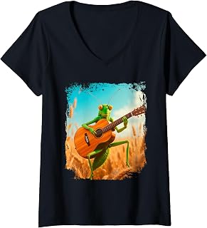 Womens Grasshopper Plays Spanish Acoustic Guitar, Fun Rock and roll V-Neck T-Shirt