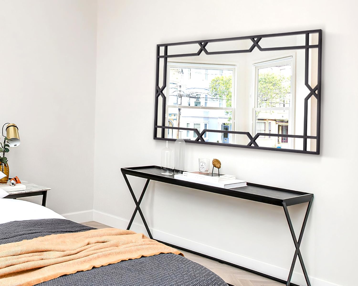 Chende Large Wall Mirror for Decor, 24''x47'' Black Decorative Mirror with Matte Black Metal Pipe Frame, Rectangular, Horizontal/Vertical, Living Room, Bathroom, Entrance