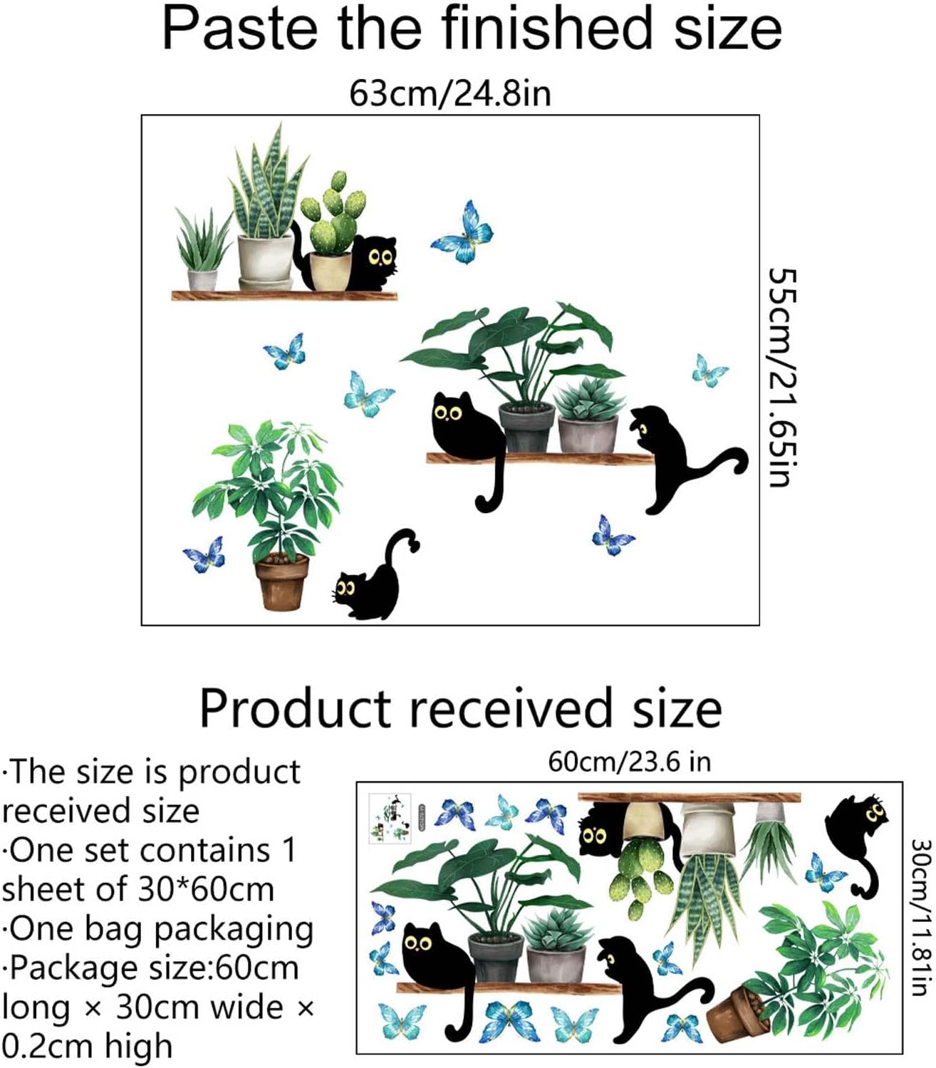 Green Potted Plant Cute Black Cat Wall Stickers, Kitty Cartoon Animal DIY Wall Decals Vinyl Peel and Stick for Nursery Playroom Decor Living Room Bedroom Kitchen Decorations Art