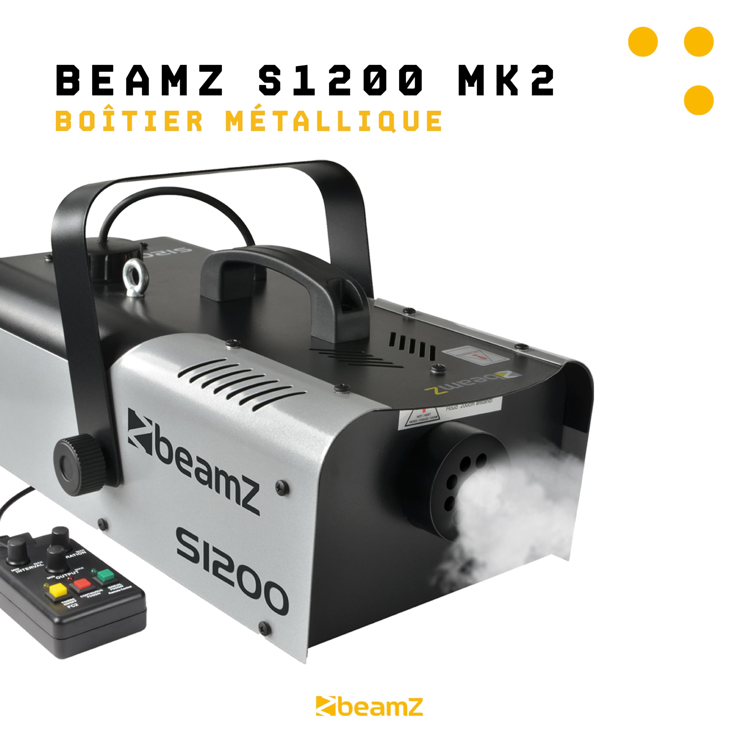 BeamZ S1200 Machine à Fumée 1200 Watts, Télécommande avec Contrôle du Débit et Programmateur, Réservoir 2.5 L, Débit par Minute 215m³, Étrier de Montage, Idéal pour Scène ou Discothèque