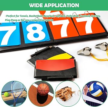 10Pcs Soccer Referee Kit Contain 4-Digital Portable Table Top Scoreboard Flipper, Stainless Steel Sports Whistles, Red Yellow Cards with Notebook for Football Soccer