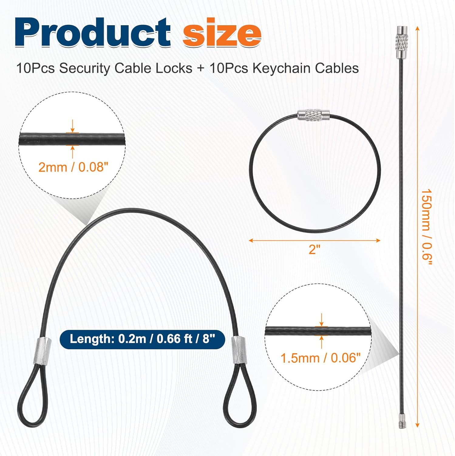 10 Set Double Loop Security Cable Lock (0.66 ft X0.08'') + Keychain Cable, Black
