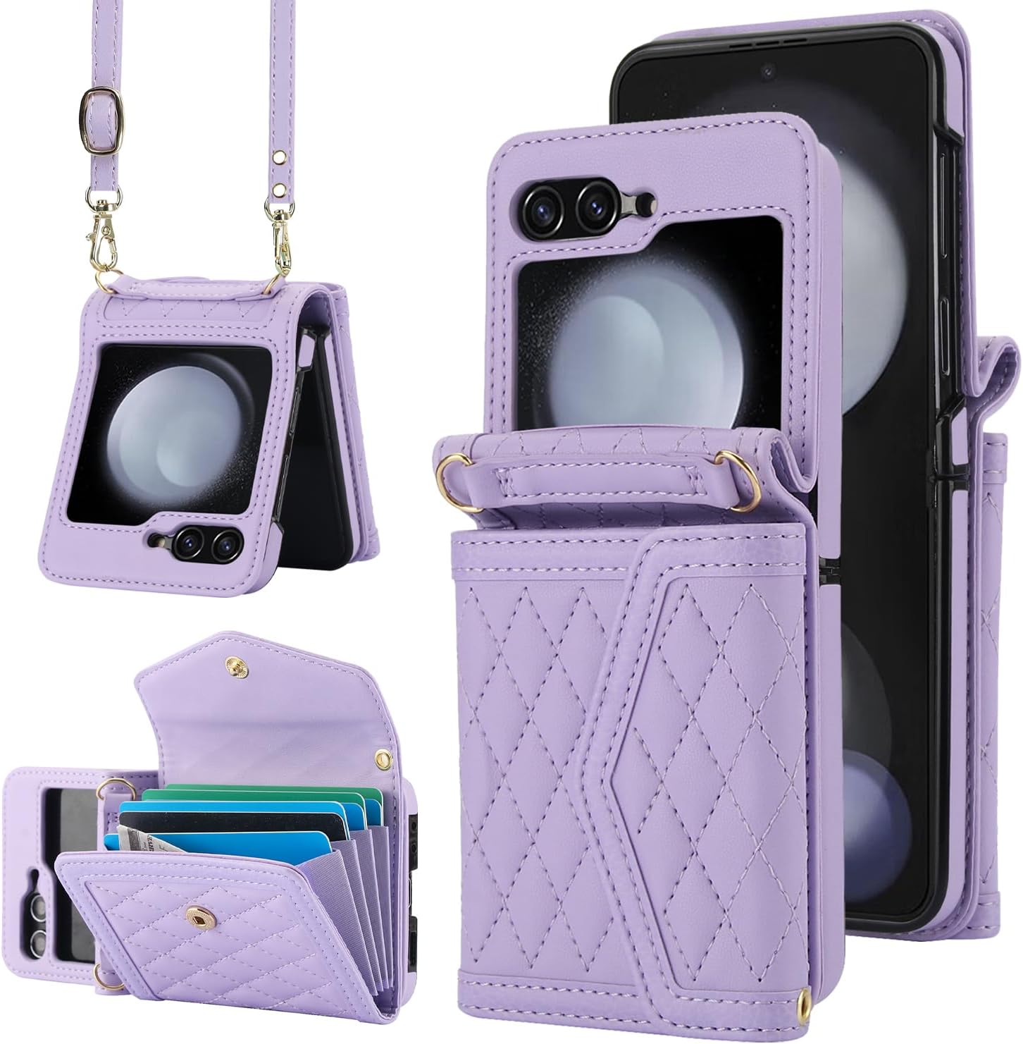 Asuwish Phone Case for Samsung Galaxy Z Flip 6 5G 2024 Wallet Cell Cover with RFID Blocking Credit Card Holder Slot Shoulder Crossbody Strap TPU Stand ZFlip6 Z6 G Flip6 6Z Women Men Girls Purple