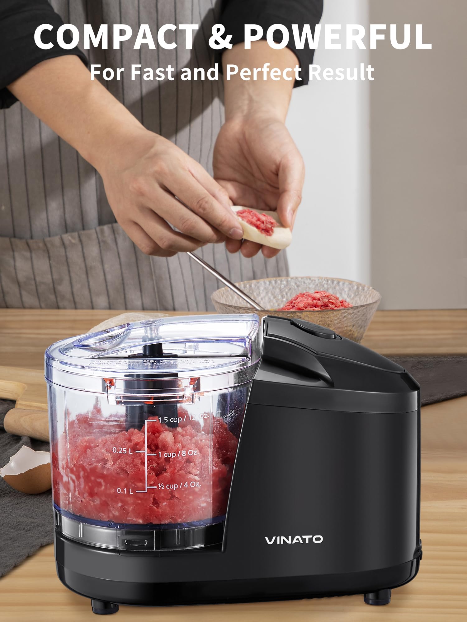VINATO Tritacarne da Cucina Elettrico, con Capacità di 350 ml, Mini Tritatutto Multifunzionale per Macinare Carne, Cipolle, Frutta e Verdura