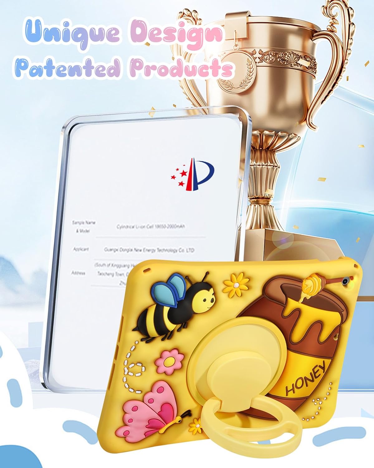 Boaretiu for iPad 9th/8th/7th Generation Case - Cute Cartoon with Shoulder Strap & Rotating Stand & Pencil Holder for Girls Boys Teens Soft Silicone Yellow 10.2 Inch Protective Case 2021/2020/2019