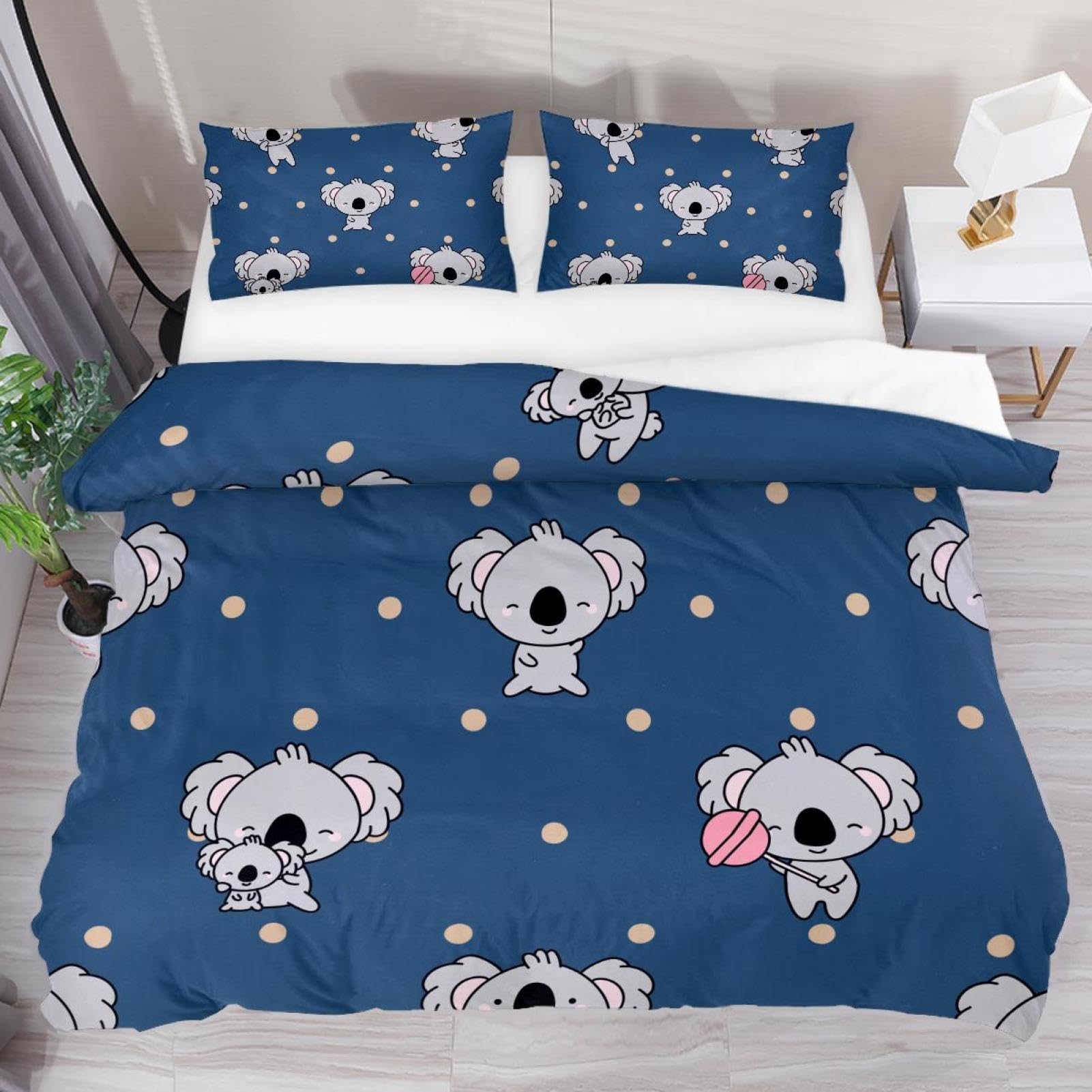 Luoweisi King Size Bedding Set Cute Koala Duvet Cover Set 3 PCS with Pillowcases Ultra Soft Microfiber Comforter Cover