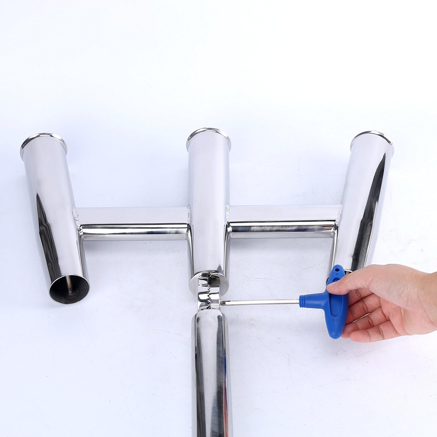 Amarine-made 3 Tube Silver Highly Polished Stainless Steel Trident Outrigger Stylish Rod Holder - Triple Rod Holder , Kite Fishing Mount 3-Rod Holder (Size B)