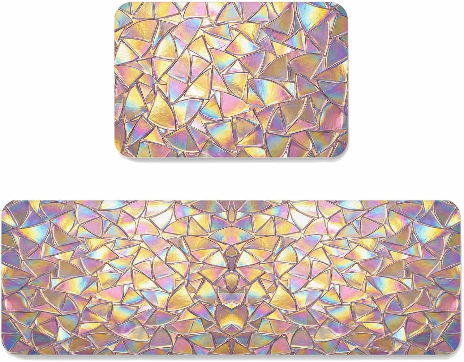 Iridescent Glass Kitchen Mat Set 2 Pieces Modern Abstract Dreamy Colorful Shining Glass Non Slip Kitchen Rugs Washable Runner Rug Mats for Floor Sink Laundry Office 15.7" x 23.6"+15.7" x 47.2"