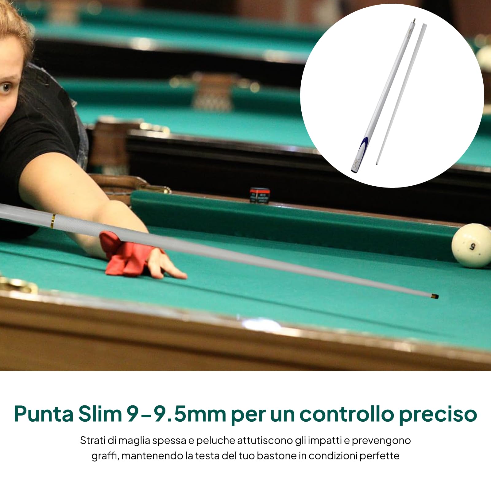 Stecca da Biliardo Professionale, Stecca da Biliardo, Punta da 9,5 mm, Leggera, a Due sezioni, da 57 Pollici, per Giocatori di Biliardo