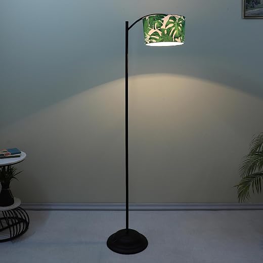 tu casa Modern Lamppost Style Black Iron Base Floor Lamps with Palm Print &amp; Satin Shade for Bedroom, Living Room, Lounge, ...