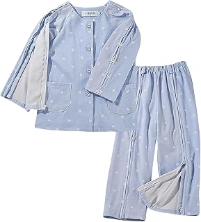 Kids Medical Fracture Recovery Set, Zip-Up Hospital Gown for Arm Cast & Post-Surgery Care, Soft Cotton Long Sleeve Top & Pants(Blue,2XL)