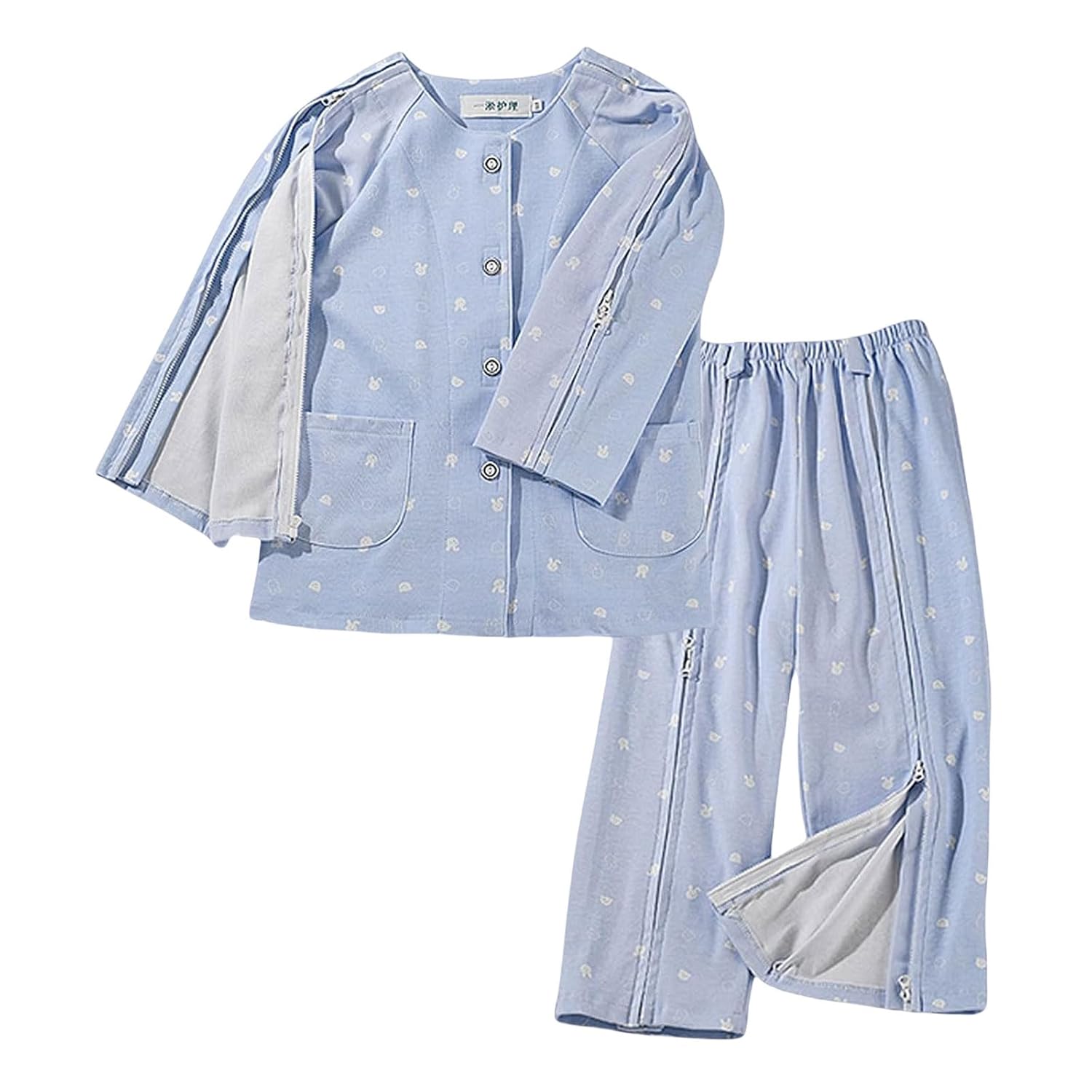 Kids Medical Fracture Recovery Set, Zip-Up Hospital Gown for Arm Cast & Post-Surgery Care, Soft Cotton Long Sleeve Top & Pants(Blue,XL)