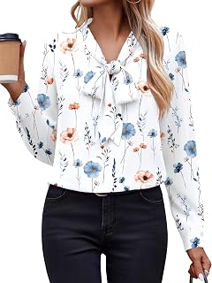 Womens Blouses Chiffon Long Sleeve Shirts Bow Tie Neck Work Tops Business Casual Outfits