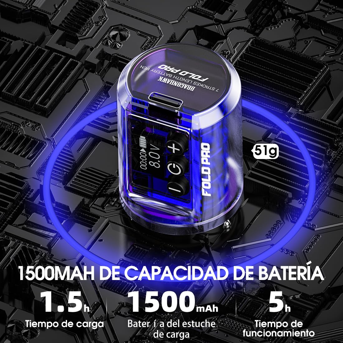 Dragonhawk Fold Pro Máquina de tatuar inalámbrica Bolígrafo con batería de 7 carreras 2.4-4.2mm, 2pcs batería de 1500mAh para tatuadores profesionales
