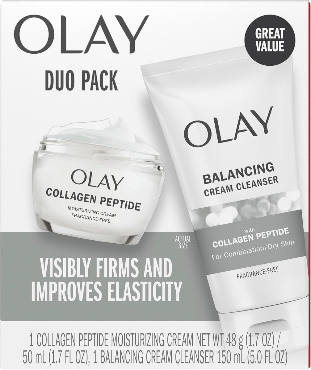 Olay Collagen Peptide Duo Pack juego de lavado facial y humectante, juego de rutina de cuidado de la piel sin fragancia con crema limpiadora equilibrante 5 fl oz y crema hidratante 1.7 oz para piel normal
