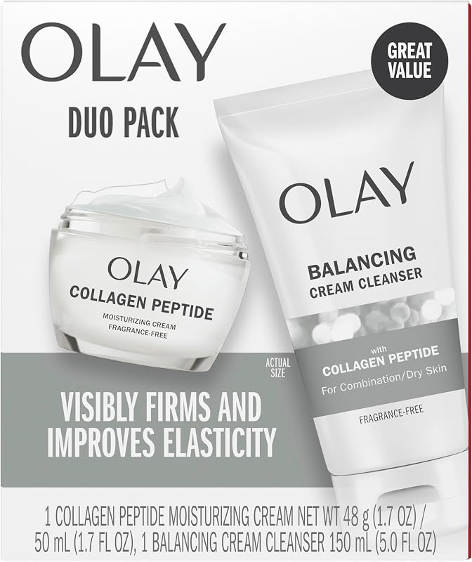 Olay Collagen Peptide Duo Pack juego de lavado facial y humectante, juego de rutina de cuidado de la piel sin fragancia con crema limpiadora equilibrante 5 fl oz y crema hidratante 1.7 oz para piel normal