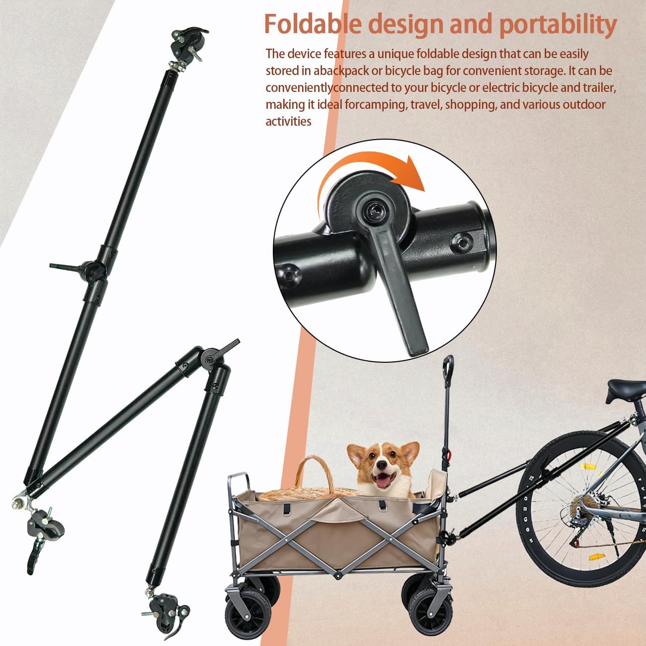 Bike Trailer Hitch Connector, Portable Folding Bicycle Trailer Connector with Quick Release Clamps for Camping Wagon,Steel Garden Cart and Rear Carrier for Camping, Grocery, Shopping