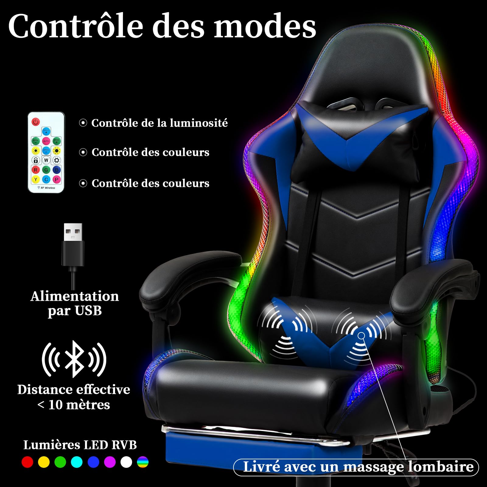 Czlolo Chaise Gaming Ergonomique avec Coussin Lombaire massant, LED RGB Réglage Complet Dossier & Hauteur & Repose-Pieds – Fauteuil Confort – Bleu
