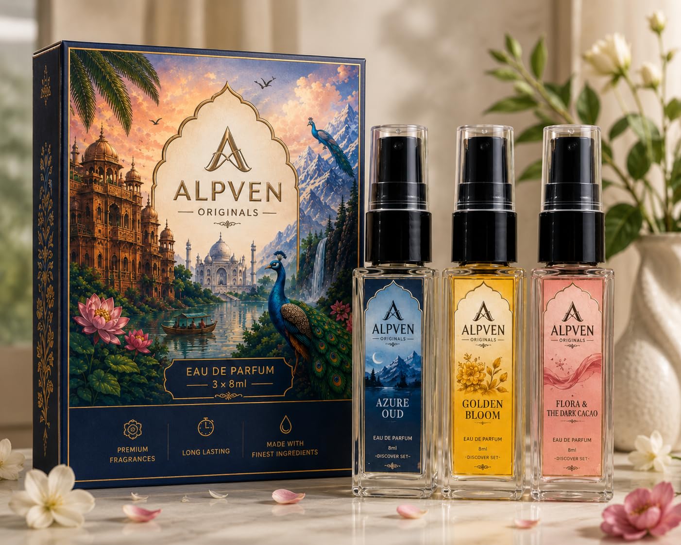 Alpven Originals Eau De Parfum Discover Set 3 x 8ml | Azure Oud, Golden Bloom, Flora & Dark Cacao, Long-Lasting Scent, Travel-Friendly Size, Unisex Fragrance-image-44