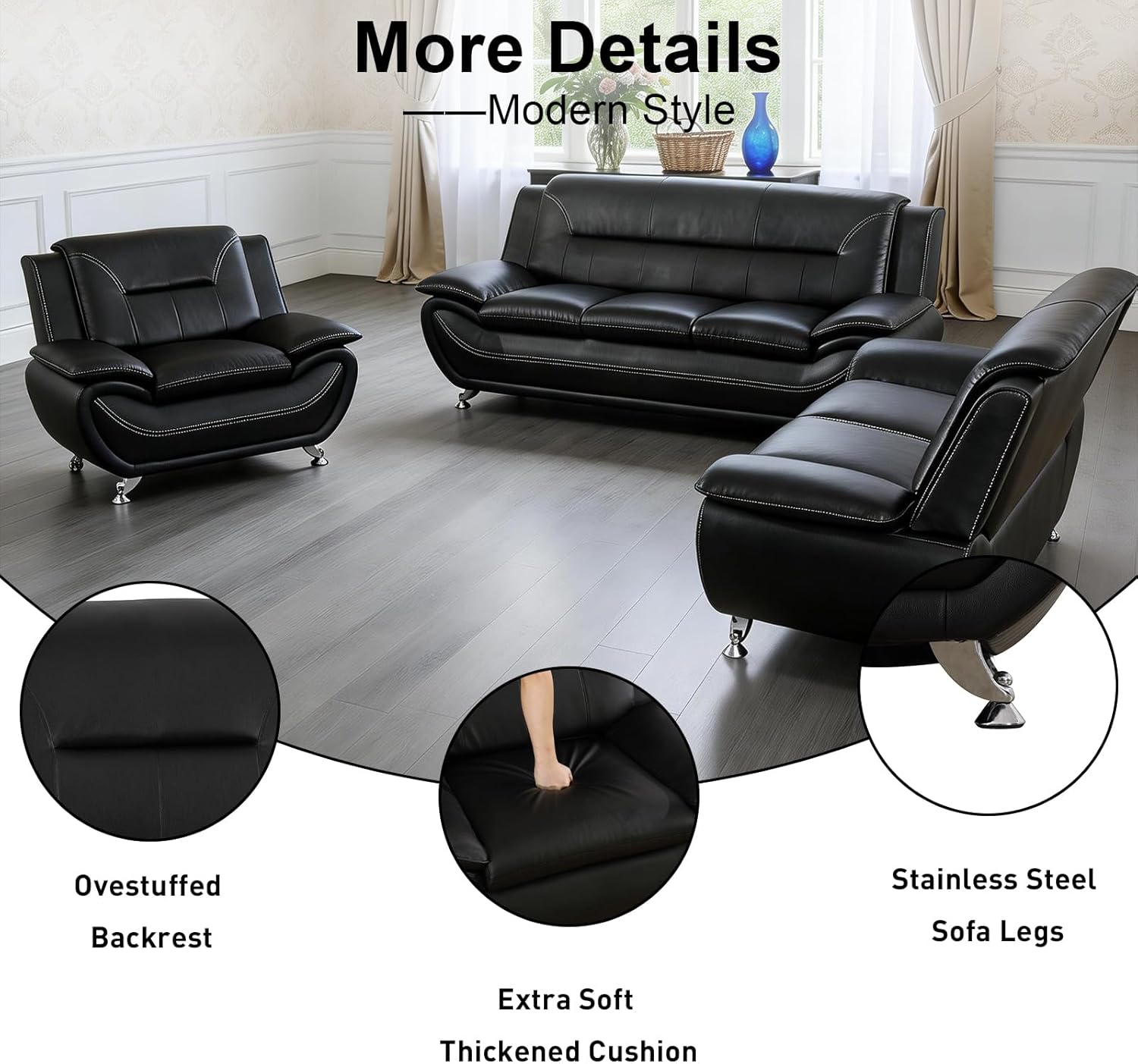 3 Piece Sofa Set, Faux Leather Couch with Loveseat and Chair, Modern Living Room Furniture for Apartment, Home Office, Reception Room, Black-2