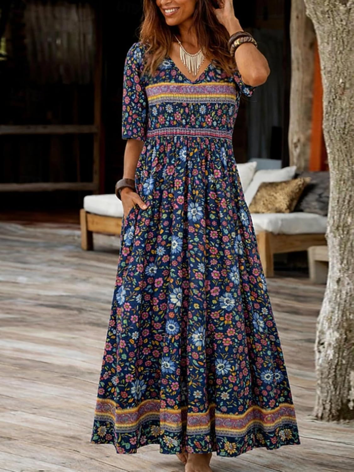 Women’s Floral Print Maxi Dress V-Neck Short Sleeve Bohemian Casual Loose Fit Summer Vacation