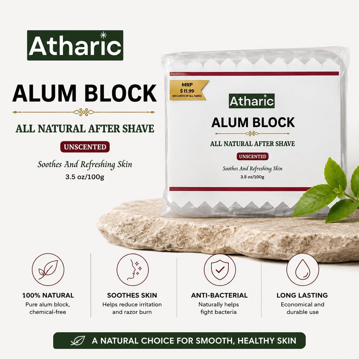 Alum Stone Alum Block 100% Pure-Potassium Crystal Natural Unscented Deodorant & Aftershave Soothes Razor Burn Stops Bleeding Non-Staining Alcohol-Free