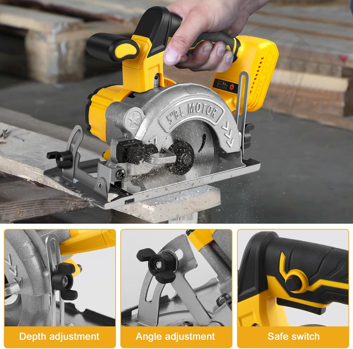5 Inch Circular Saw Compatible with Dewalt 20V Max Battery(No Battery), Brushless Cordless Round Saw Kit with 0-45° Cutting Bevel, 6200 RPM, Idea for Wood Plastic Soft Metal