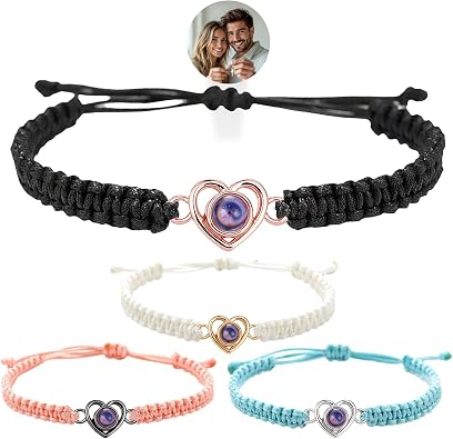 Custom Photo Bracelet with Picture Inside for Couples Personalized Projection Bracelets Adjustable Length Gifts for Men Womens Identification Bracelets