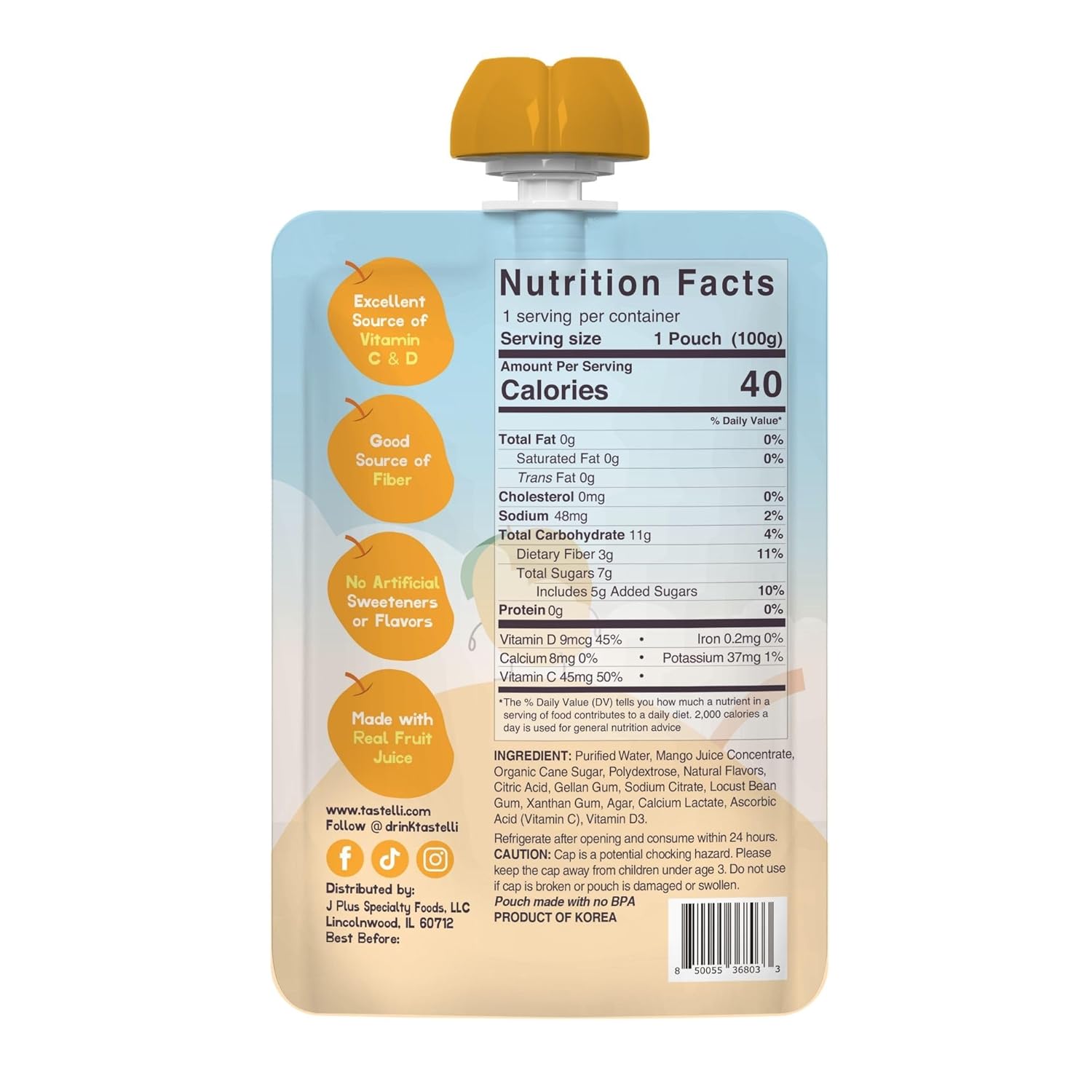 Tastelli Peppa Pig Kids Squeezy Fruit Gel – Mango Flavor – No Artificial Sweeteners or Flavors, Made with Real Fruit Juice, Fiber-Rich Prebiotic Gut Support, Vitamins C & D, Vegan, Gluten-Free - 24 Count