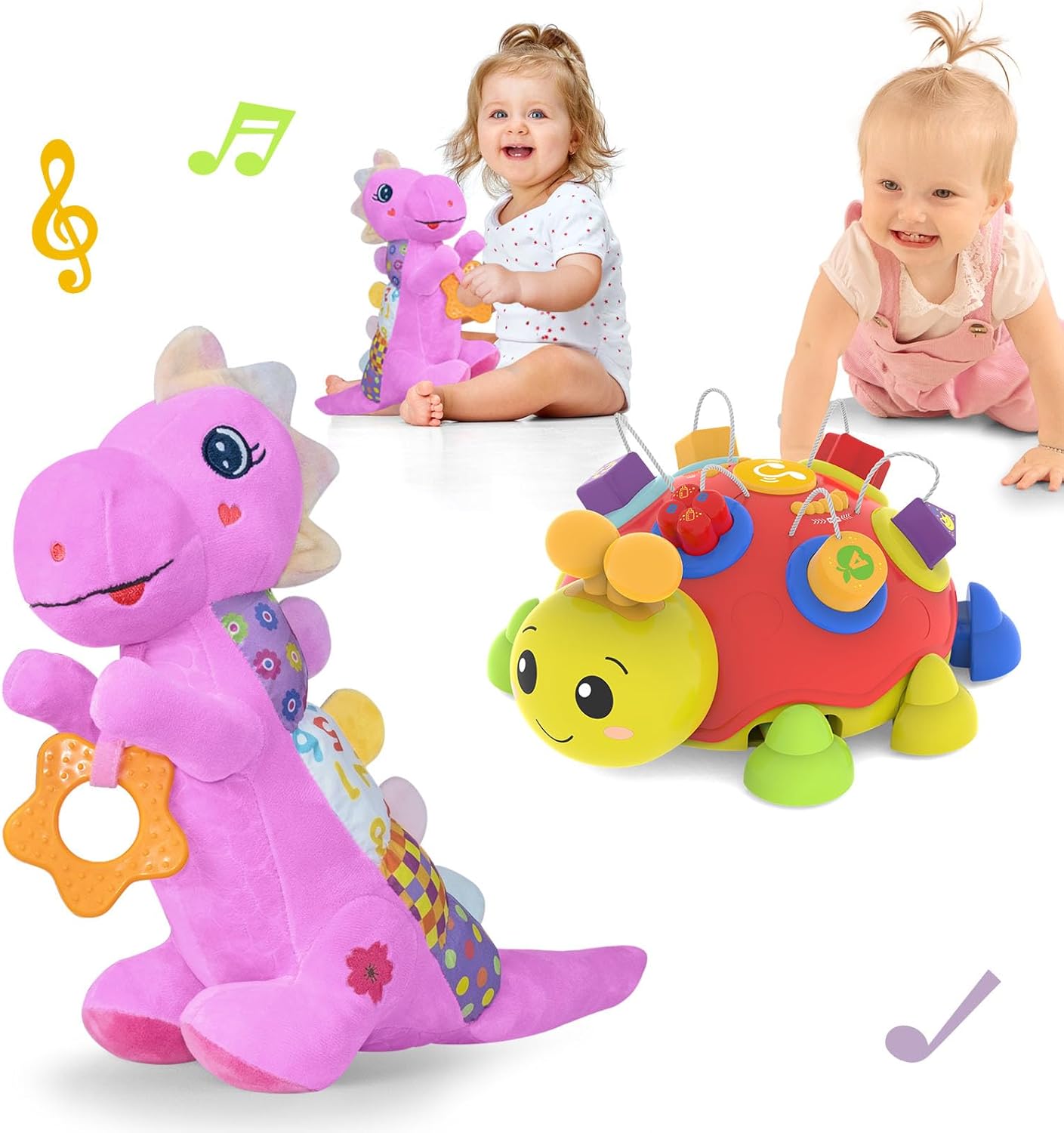Baby Gift Set for 0-12+ Months (1 * Baby Musical Ladybug Toys & 1 * Musical Plush Dinosaur Toy)
