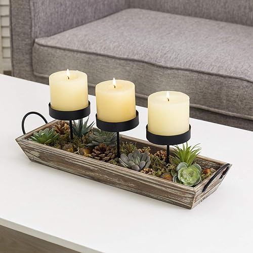 Miniatura 8 de MyGift Portavelas de metal negro de 3 pilares con bandeja de madera rústica y asas, centro de mesa y mantel Madera quemada,Madera Torched