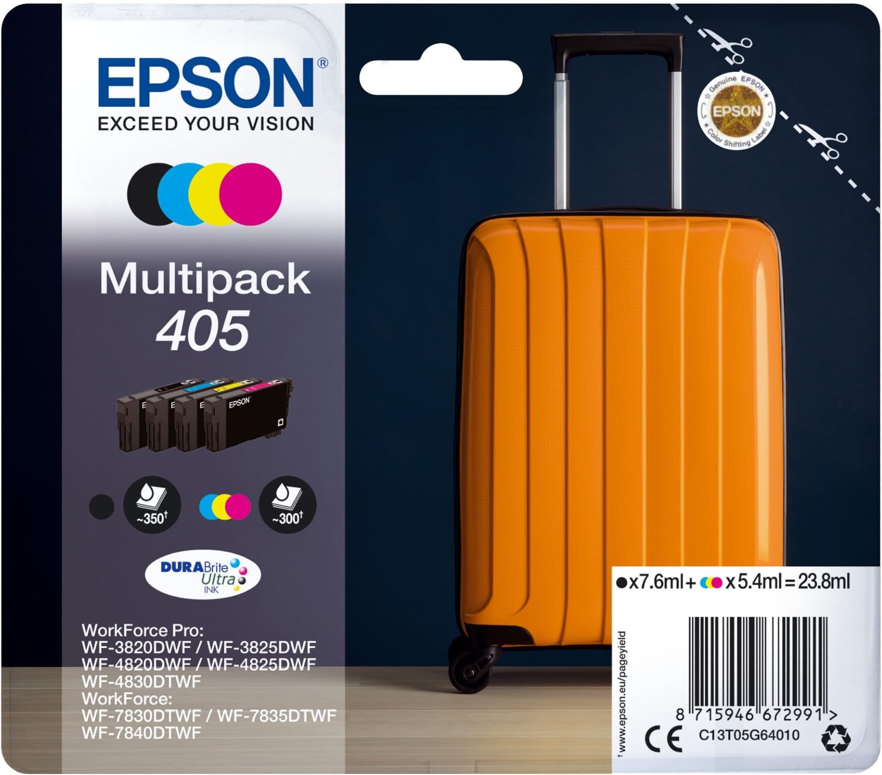 405 Suitcase Genuine Multipack, 4-Colours Ink Cartridges, DURABrite Ultra Ink, Amazon Dash Replenishment Ready