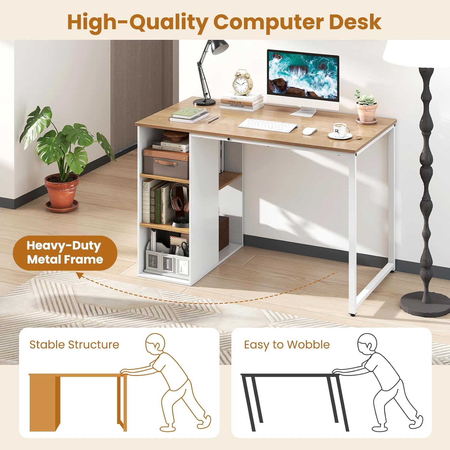 Giantex Computer Desk with Storage Shelves, 45 Inch Modern Home Office Desk with 5 Compartments, Computer Workstation PC Laptop Table, Makeup Vanity Desk, White Writing Desk for Bedroom, Natural
