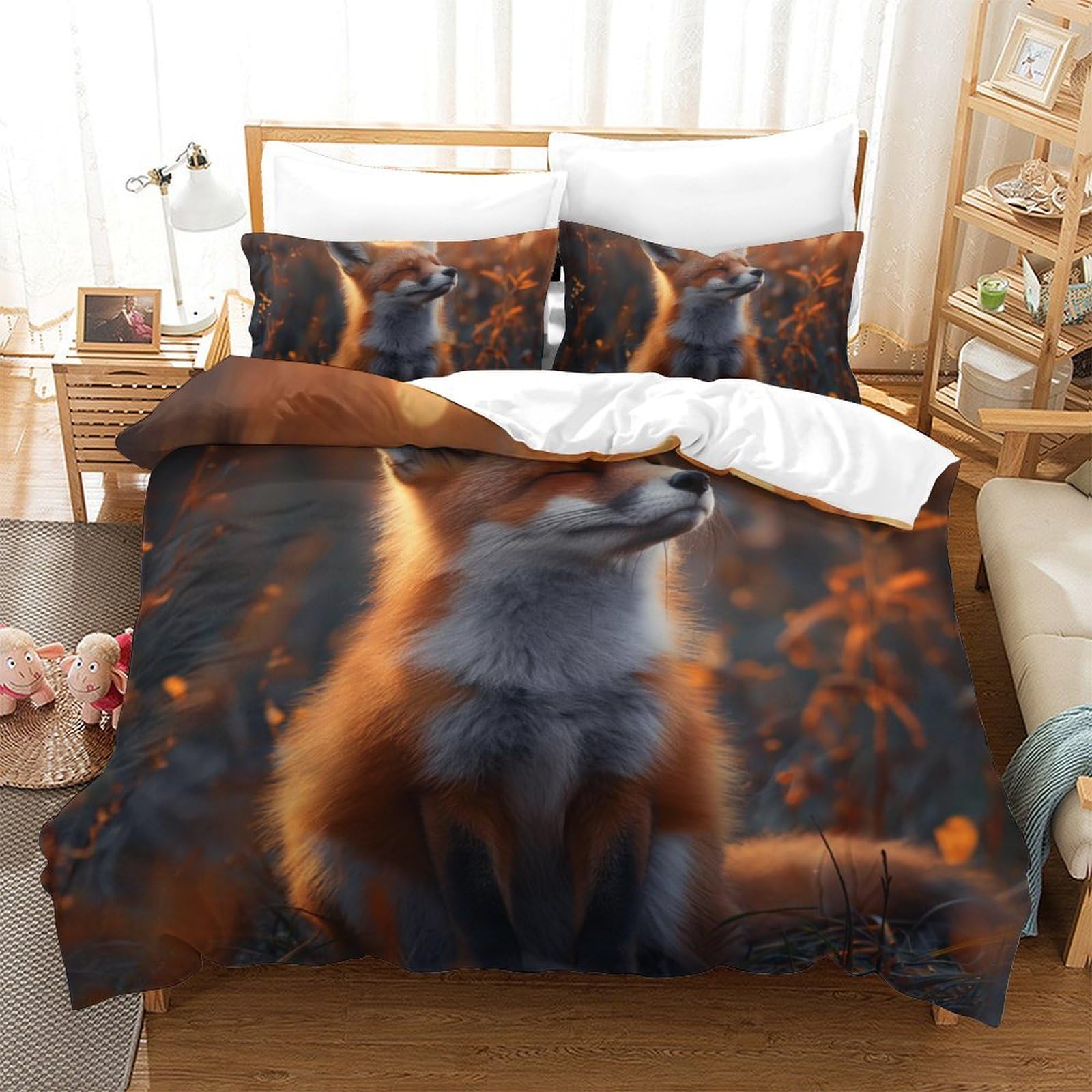 Housse de couette fox 200x200cm avec taie d'oreiller pour parure de lit enfant et ado double