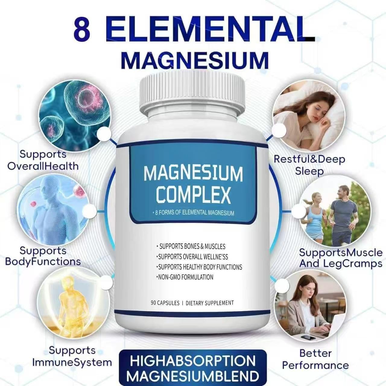 Lumine Organics Magnesium Complex Supplement 1000mg - Advanced 8-in-1 Magnesium Blend Vegan Non -GMO - Glycinate, Citrate, Malate, Taurate etc. Absorption for Bones, Muscle, Recovery, 90 Capsules 1Pcs